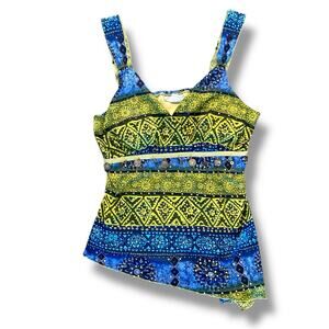 Dress Barn Y2k Babydoll Tank Top Sz L Green Patterned Asymmetrical Grunge